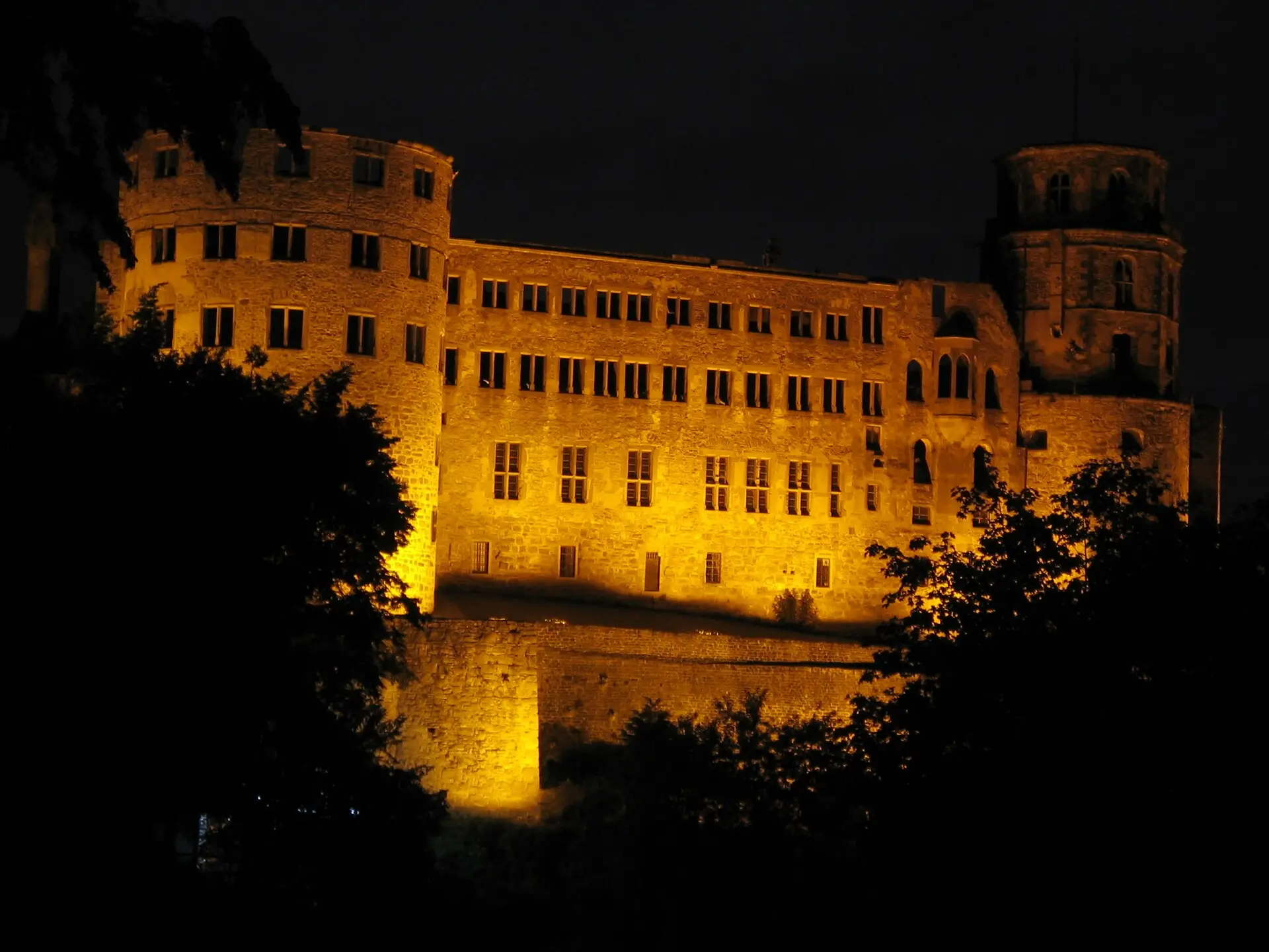 Heidelberger Schloss golden angestrahlt vor schwarzem Nachthimmel